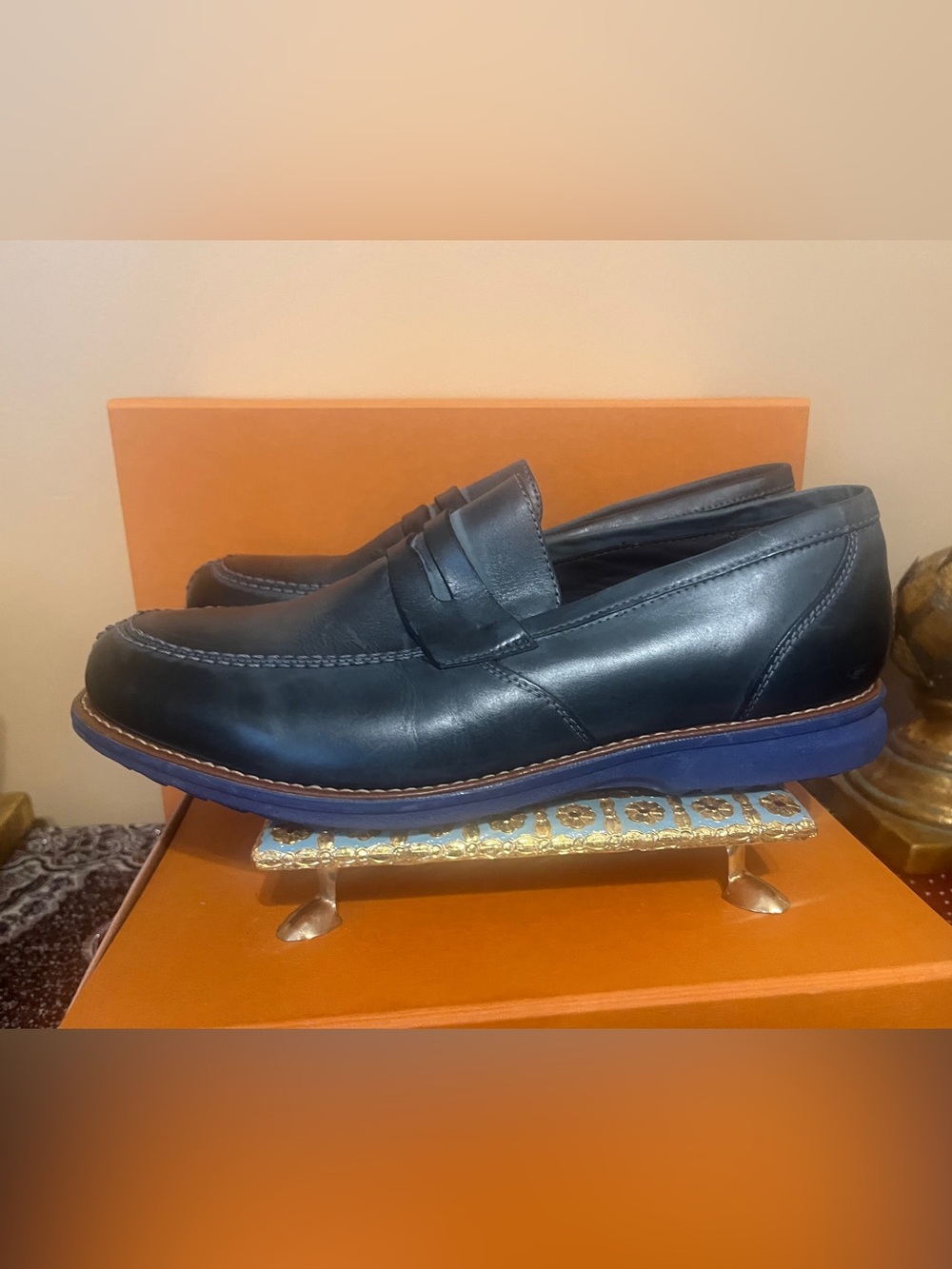 SANDRO MOSCOLONI Romero Mocc Toe Penny Slipon Sidney Black Leather - Size 11D